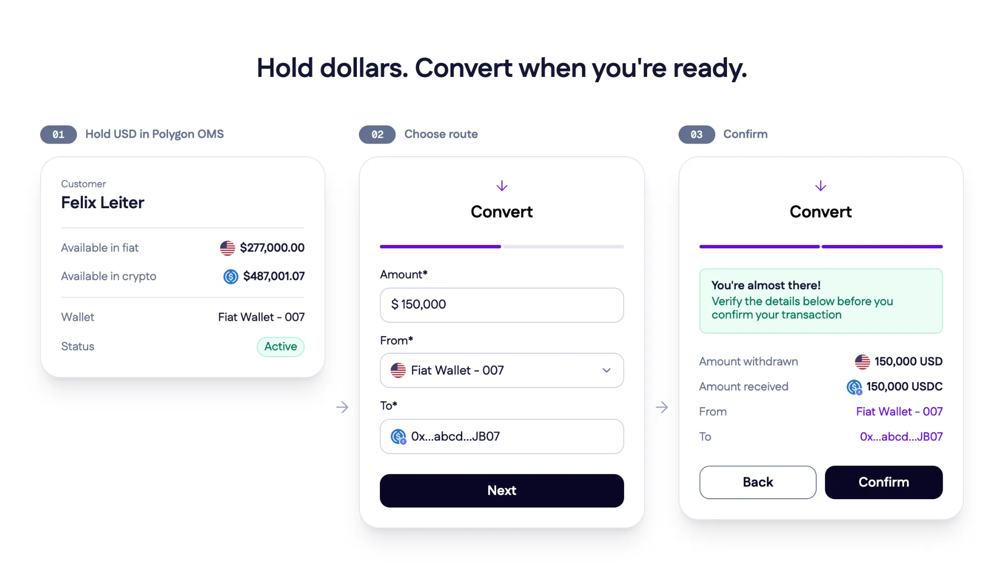 Hold dollars, convert when you’re ready: hold USD in Polygon OMS, choose a conversion route, and confirm the fiat-to-stablecoin transaction