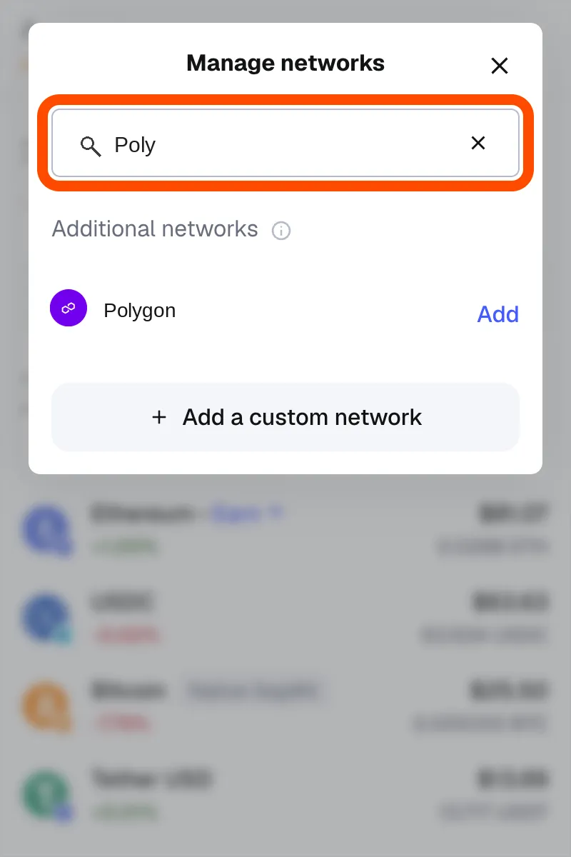 Searching for Polygon in the MetaMask network picker