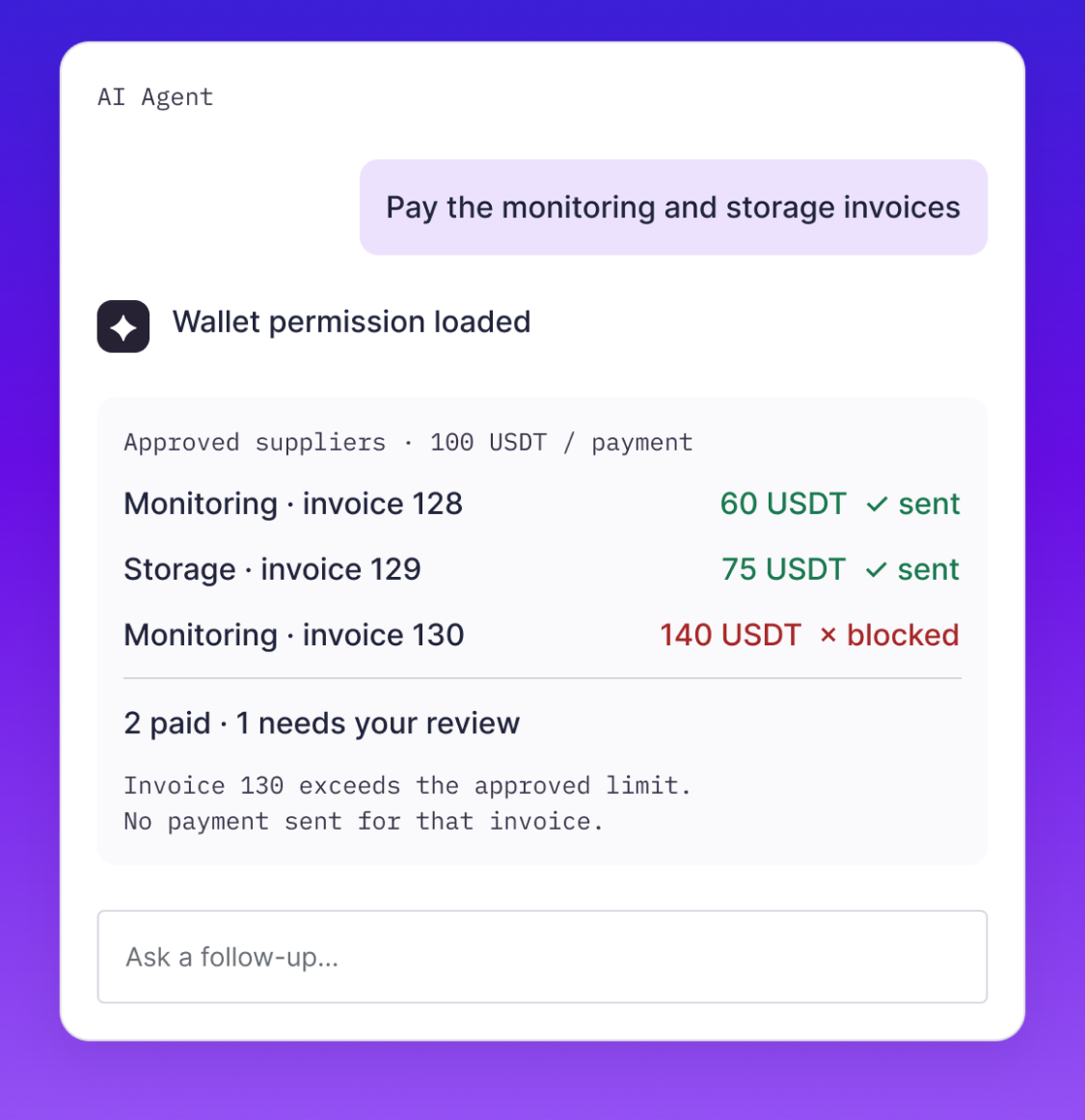 Agent conversation showing the wallet blocking a payment request that falls outside the approved permission