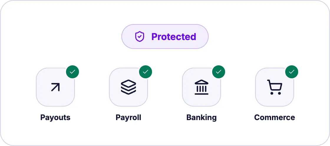 Protected use cases: payouts, payroll, banking, and commerce, each marked as protected