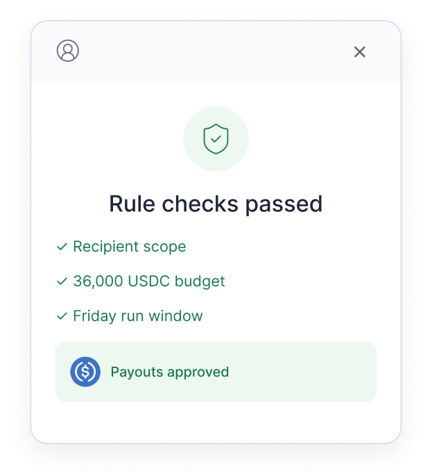 Rule checks passed — recipient scope, budget, and run window all approved