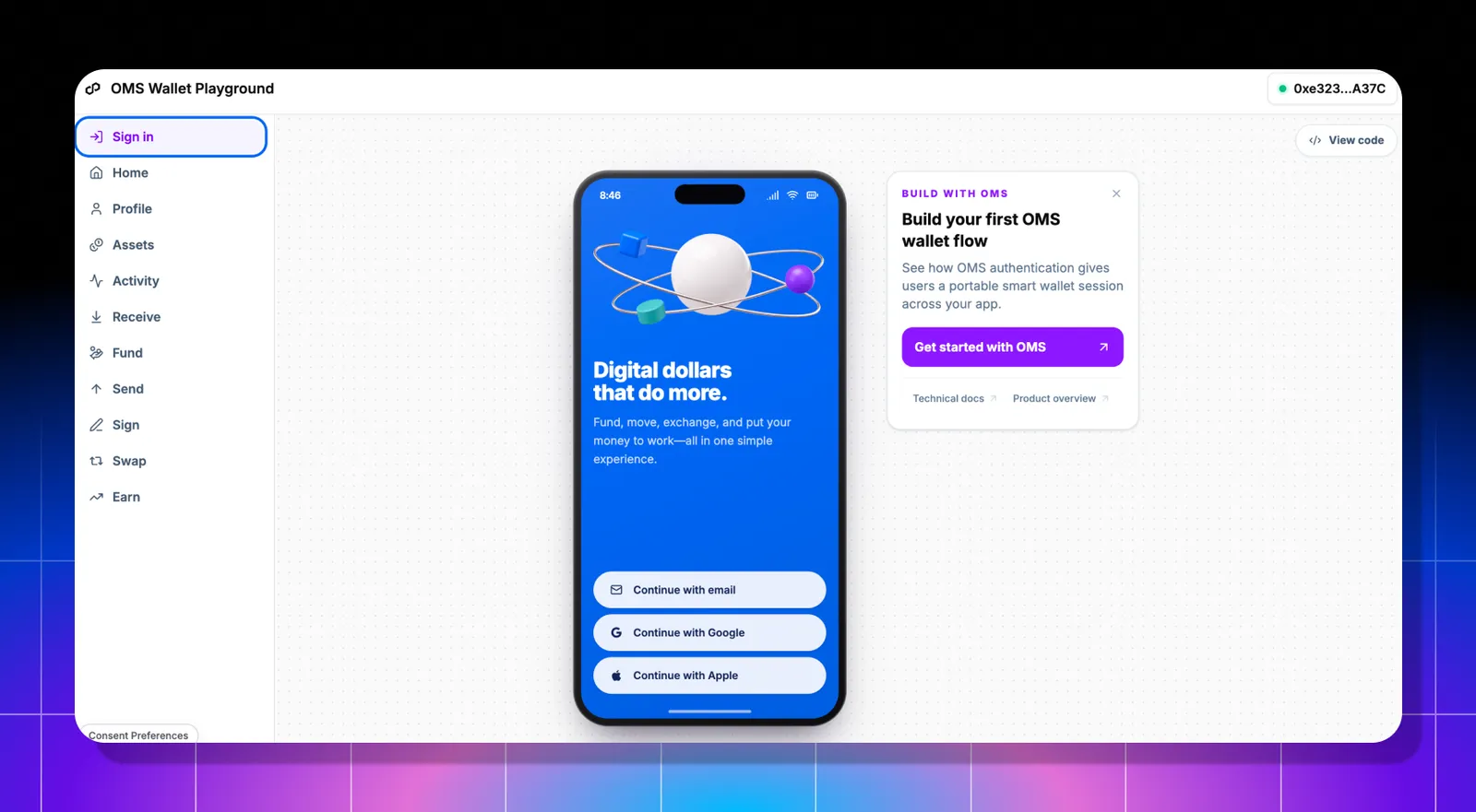 OMS Wallet Playground sign-in screen