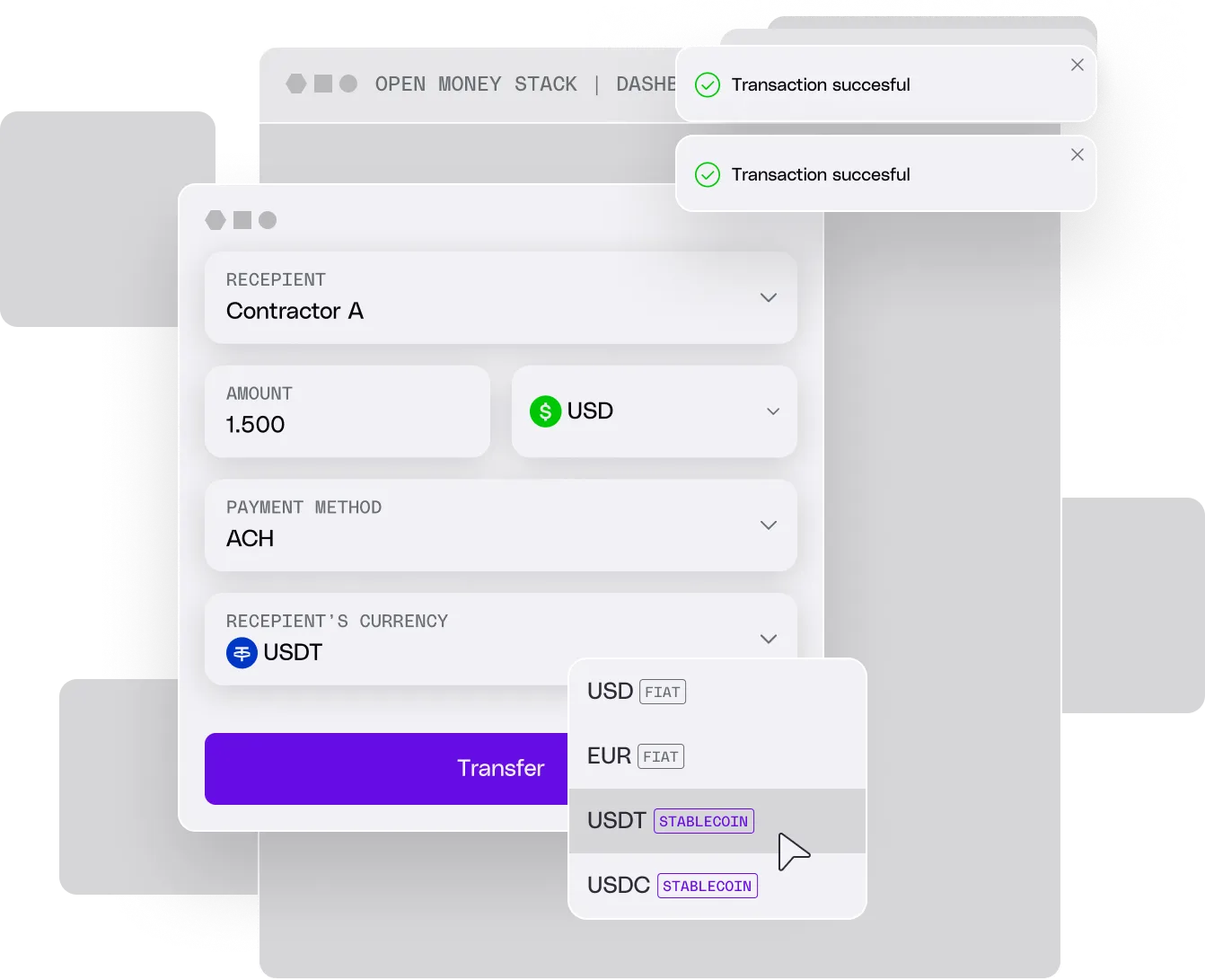 User interface showing a money transfer form with recipient Contractor A, amount 1.500 USD, payment method ACH, and recipient currency USDT stablecoin selected.